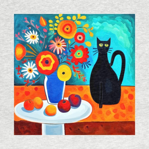 Still Life Painting with Black Cat and Flowers in a Blue Vase by bragova